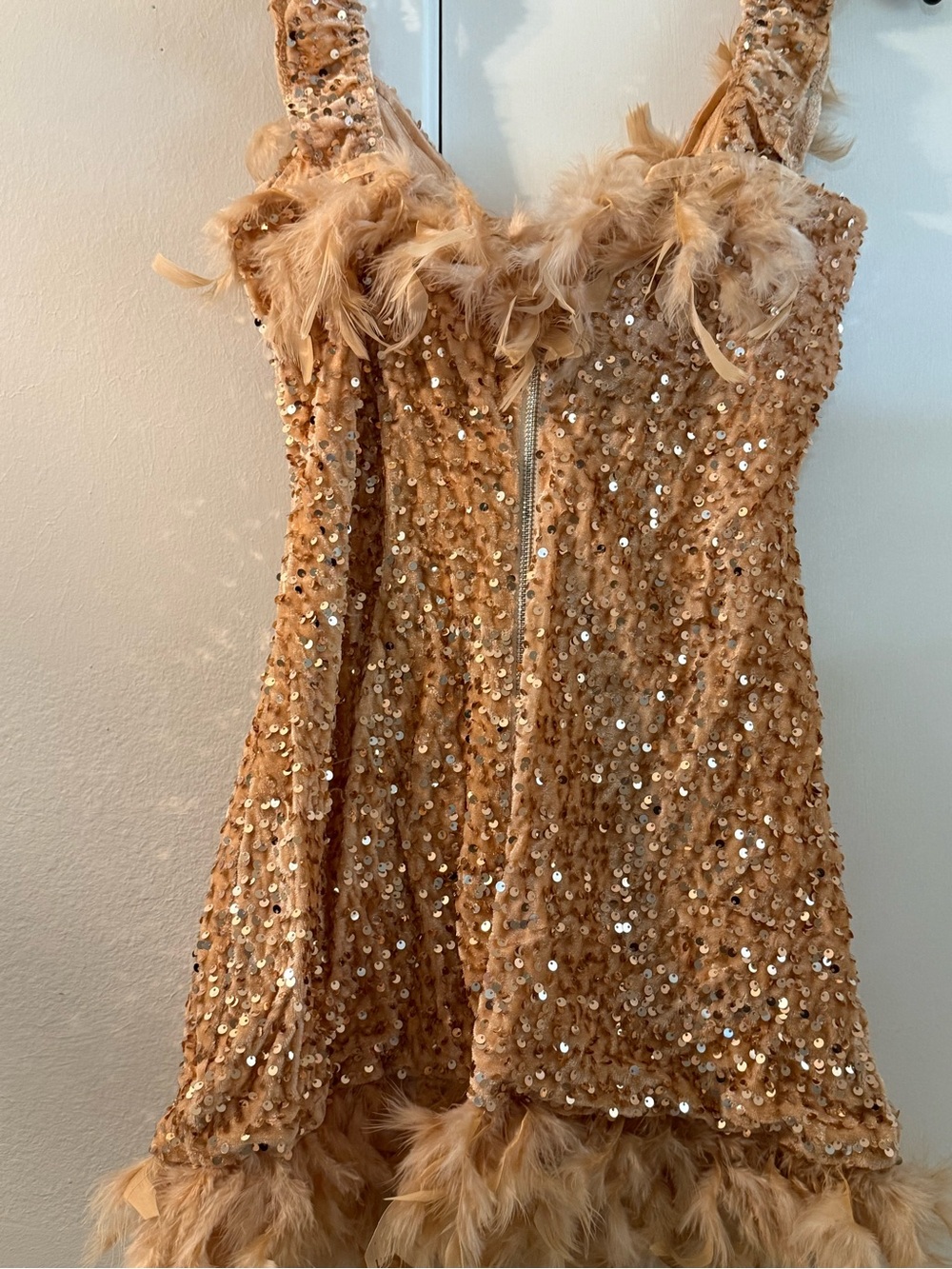 Beige Sequin Feather Trim Tank Top